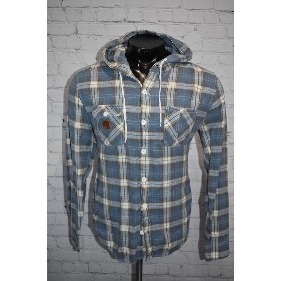 JNCO Jeans Hoodie Button Down Shirt Mens Size Large blue Plaids W/ Pockets - Picture 2 of 7